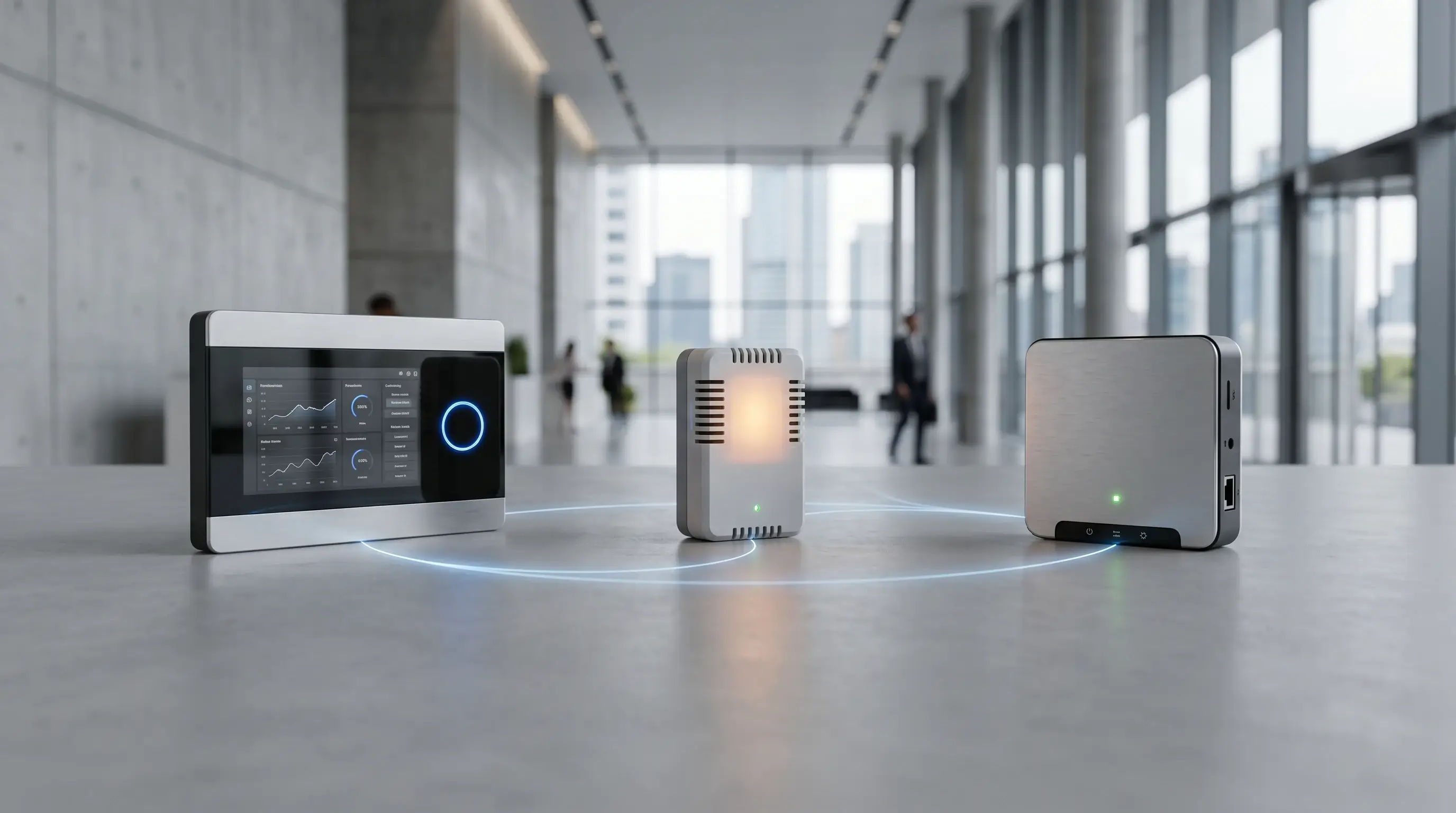 Smart building system showing BMS IoT sensors and integrated automation dashboard